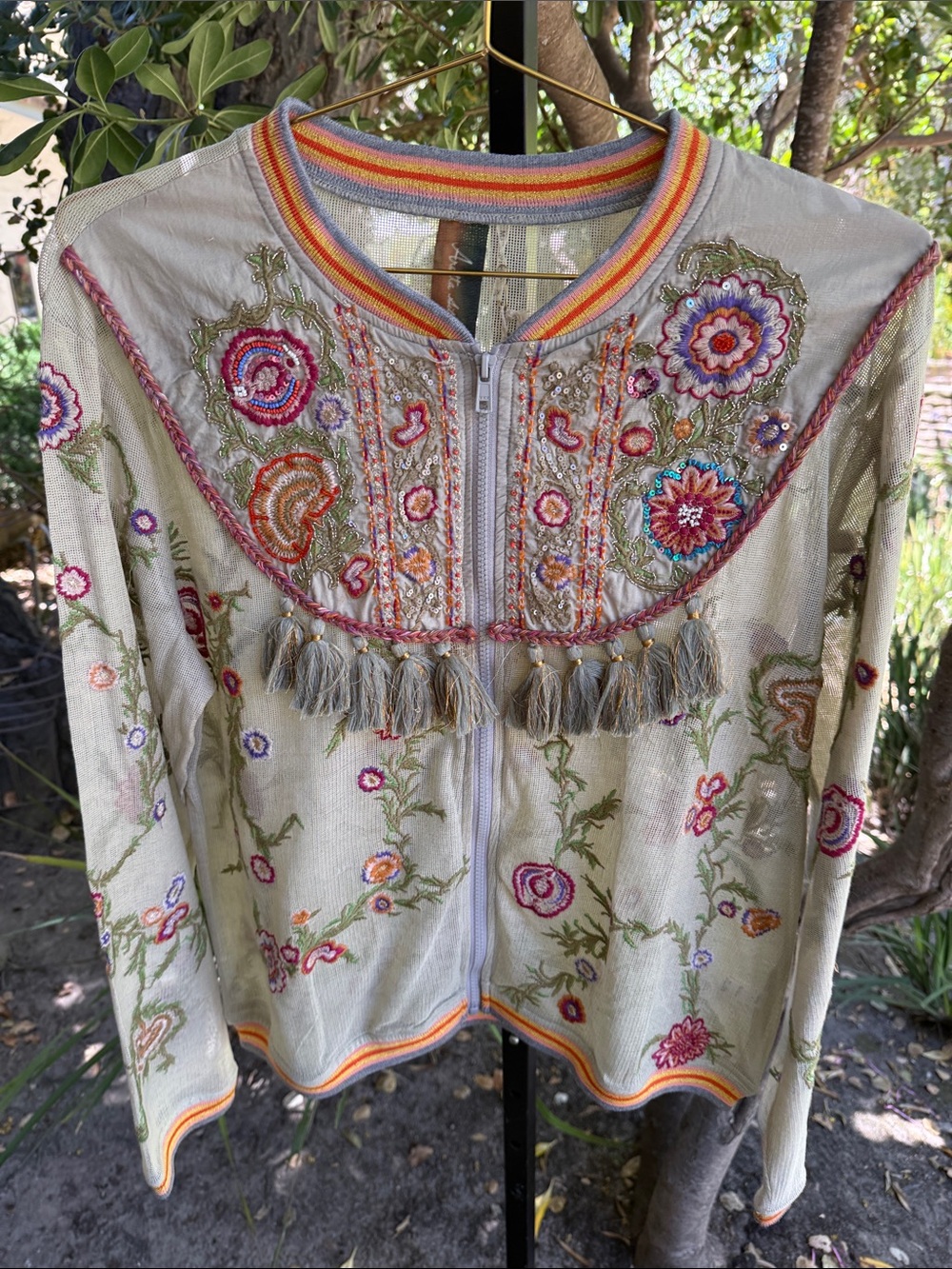 Aratta Cream Embroidered Floral Tassel Bomber Jacket with Multicolor Trim